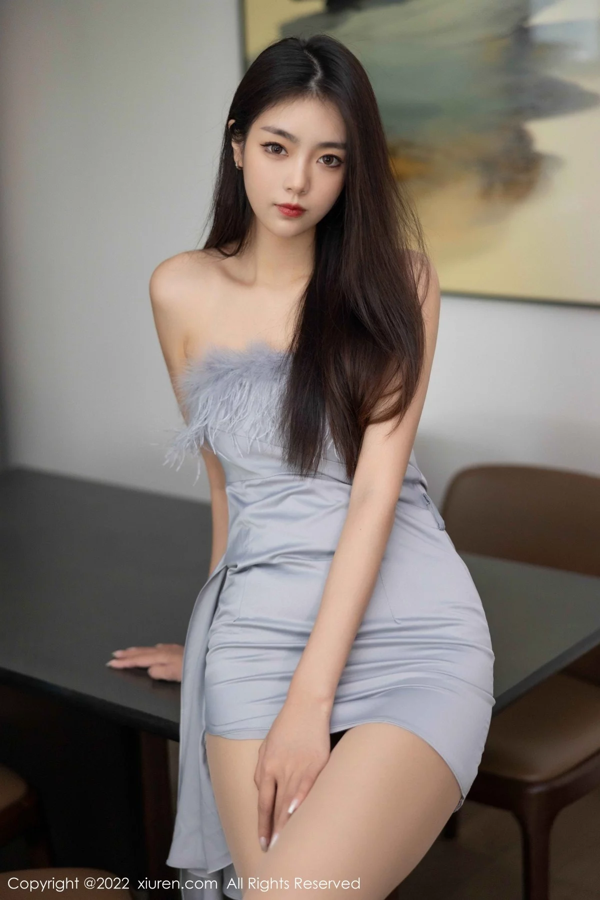 模特可乐Vicky性感蓝灰色露肩连衣短裙配超薄肉丝惹火诱惑写真54P-第1章-图片1