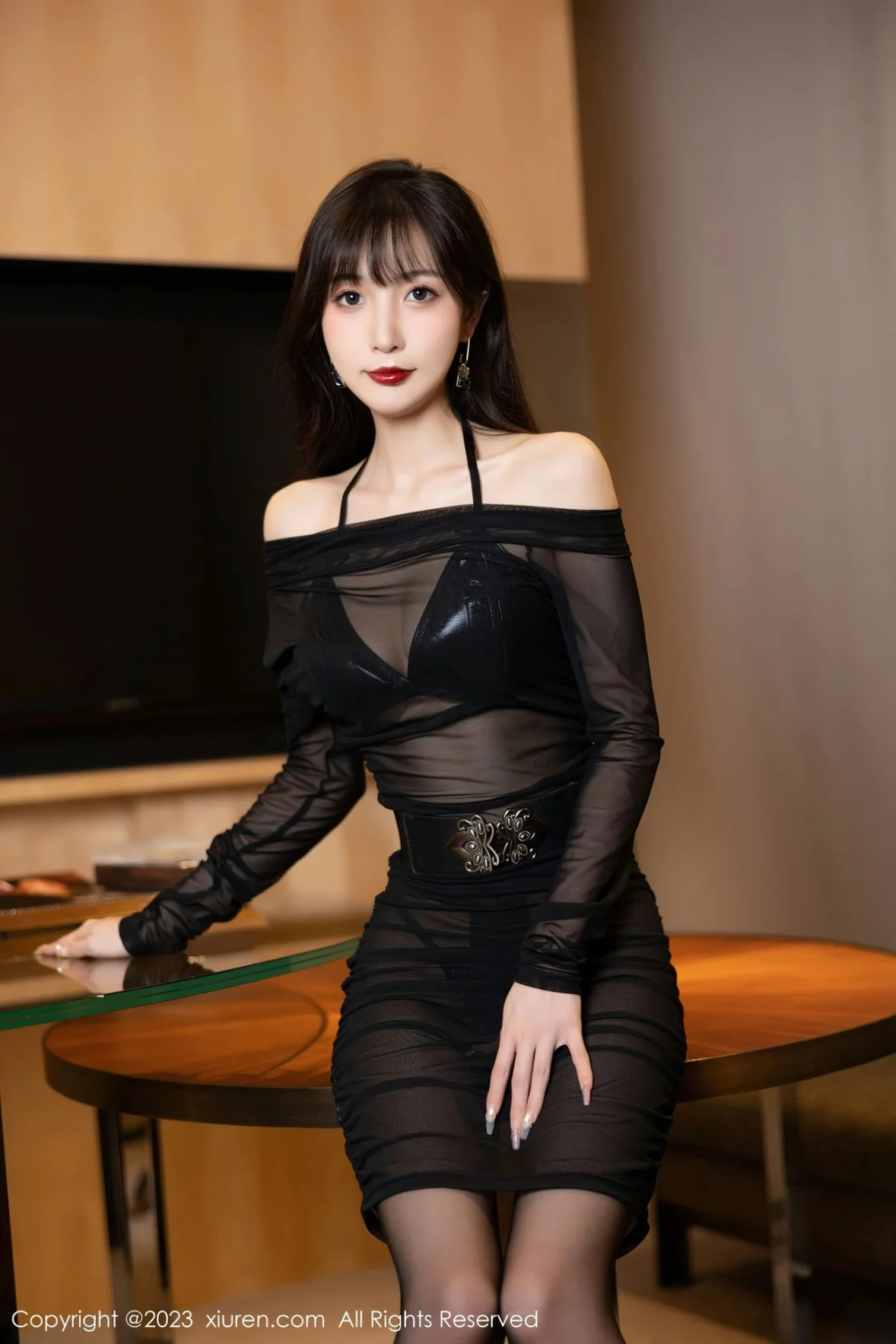 模特林星阑脱轻透网纱连衣裙露性感黑色皮质内衣迷人诱惑写真80P-第1章-图片2