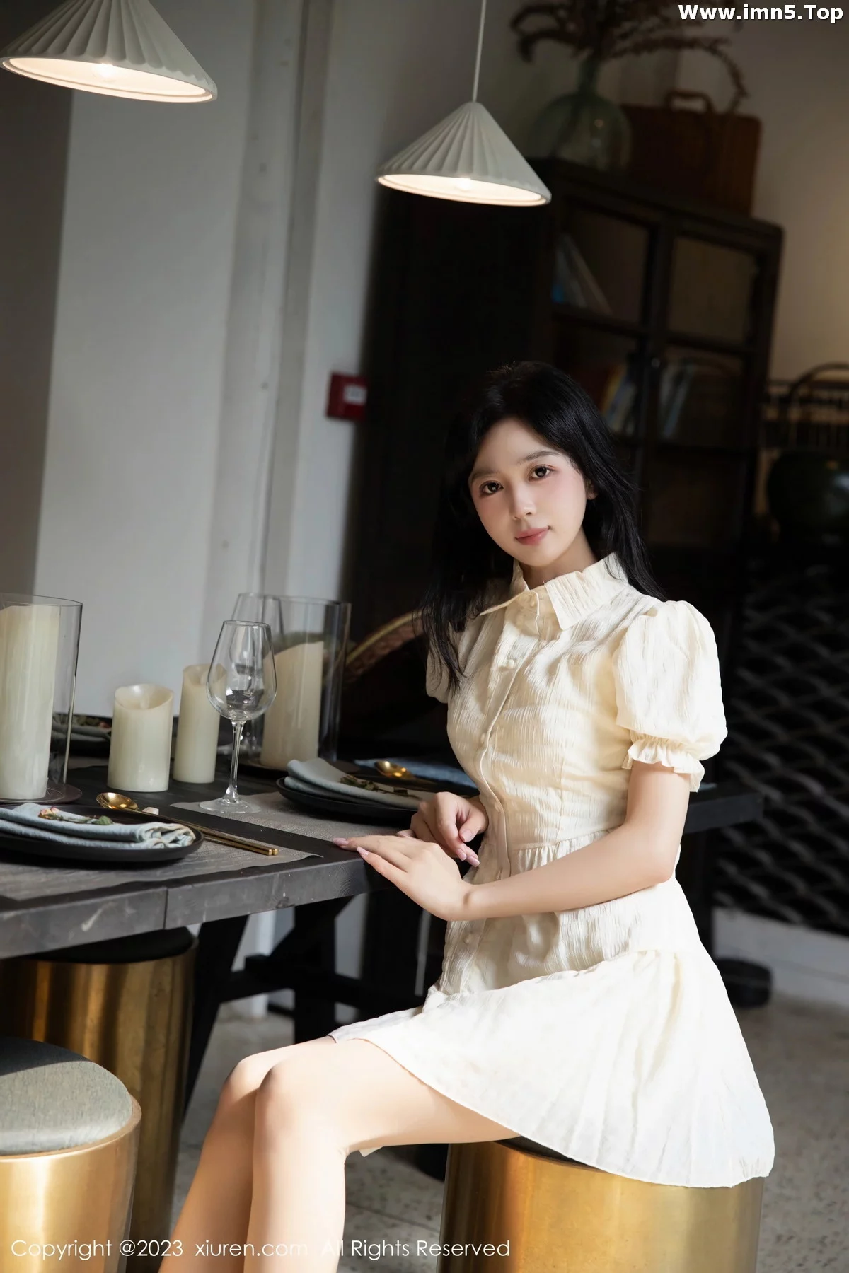 模特糖豆sisi性感淡黄连衣裙露白色蕾丝内衣配原色丝袜诱惑写真62P-第1章-图片2