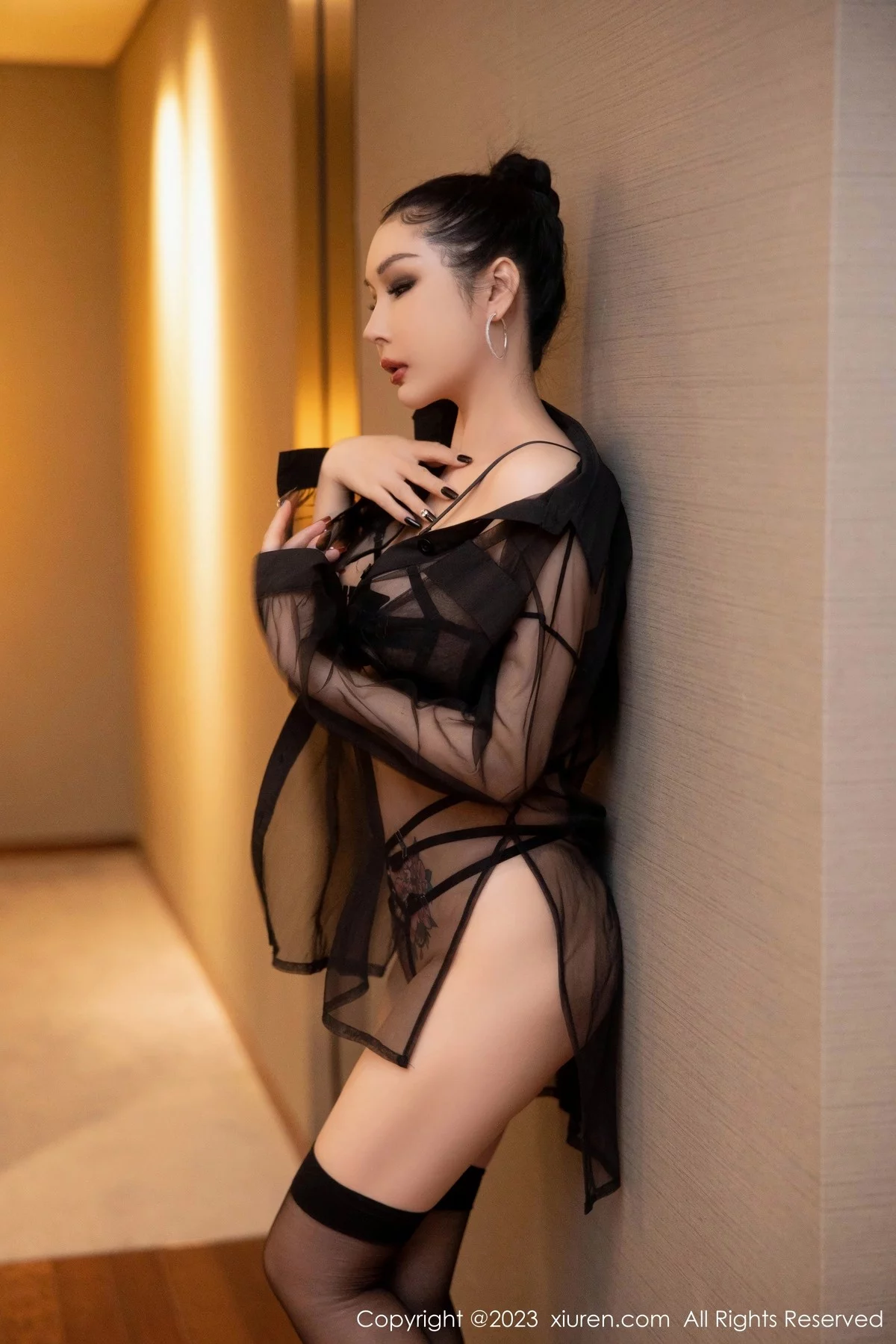 模特田冰冰性感黑色薄纱服露黑色情趣内衣秀豪乳遮点诱惑写真56P-第1章-图片2