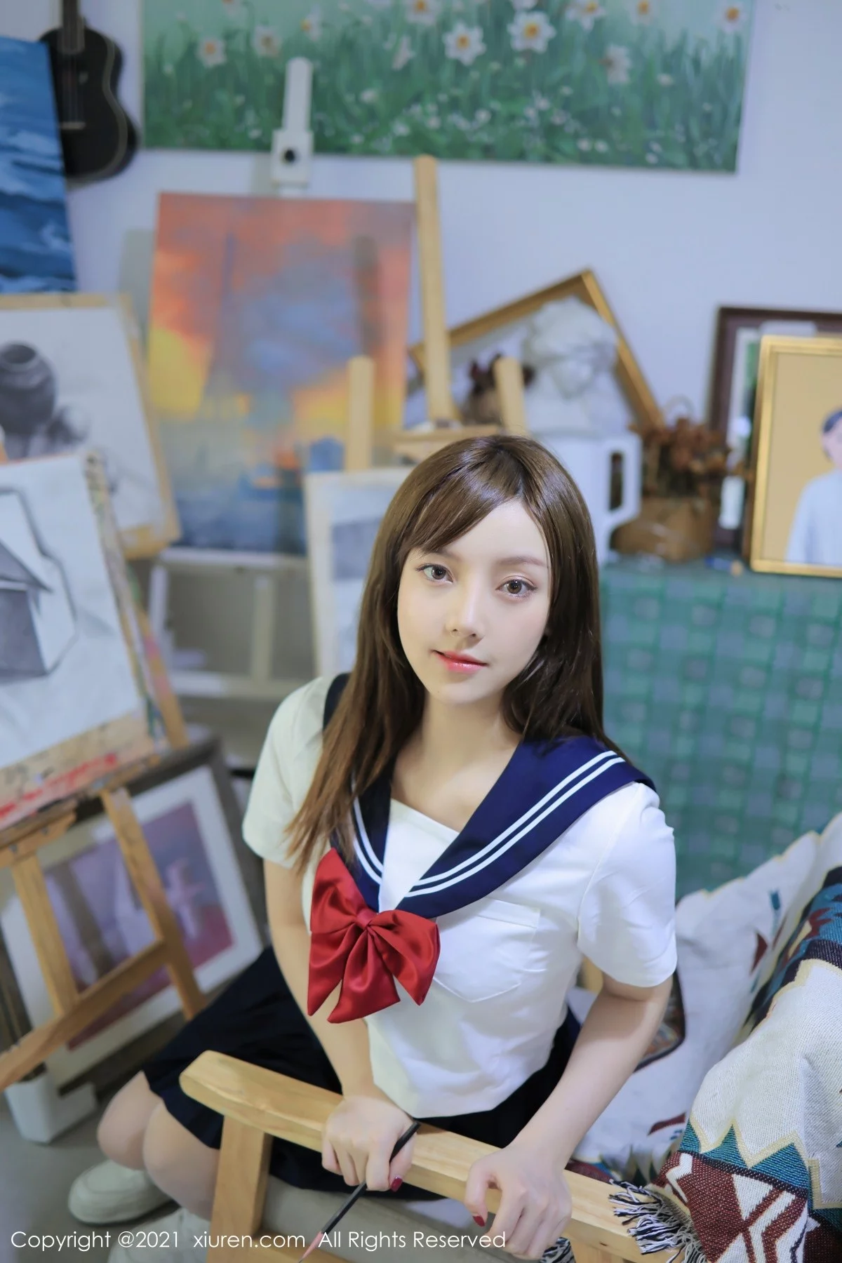 模特豆瓣酱真实画室场景主题半脱制服露开档白丝完美诱惑写真43P-第1章-图片1