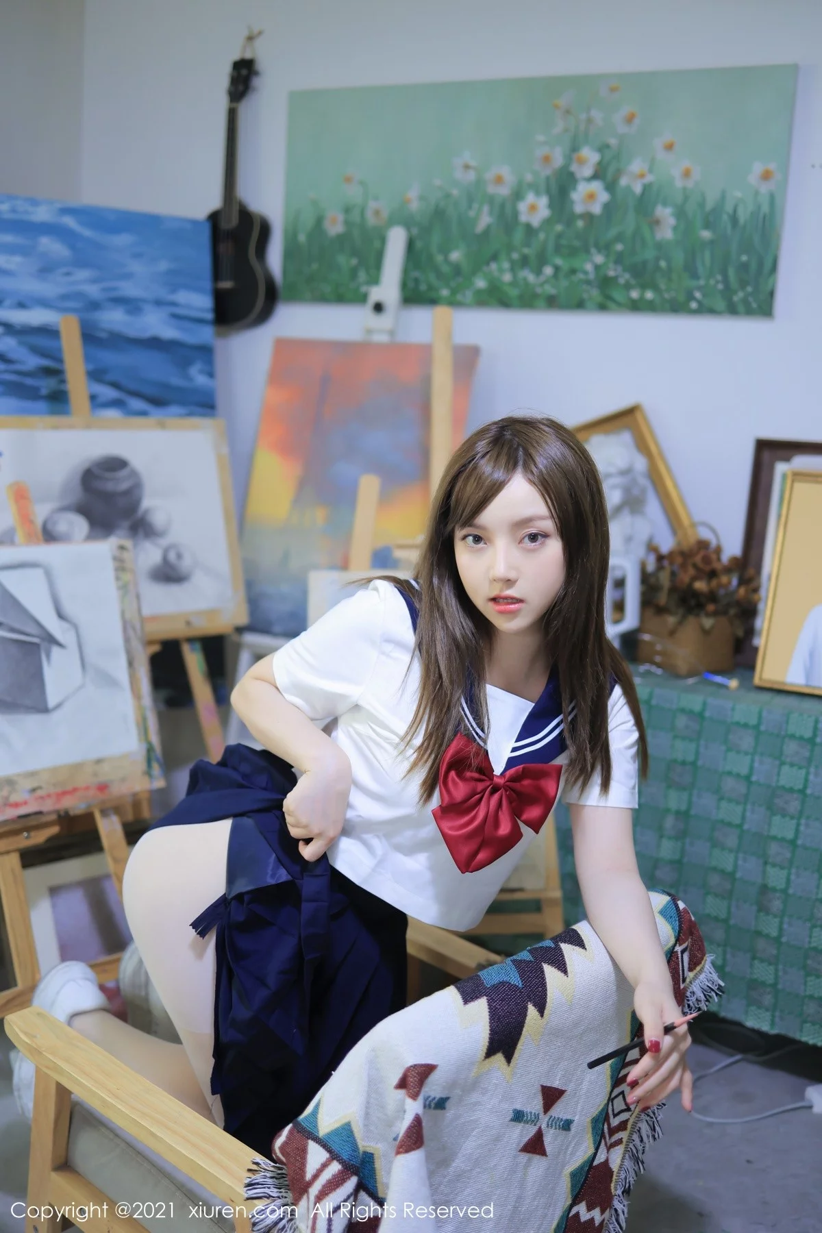 模特豆瓣酱真实画室场景主题半脱制服露开档白丝完美诱惑写真43P-第1章-图片3