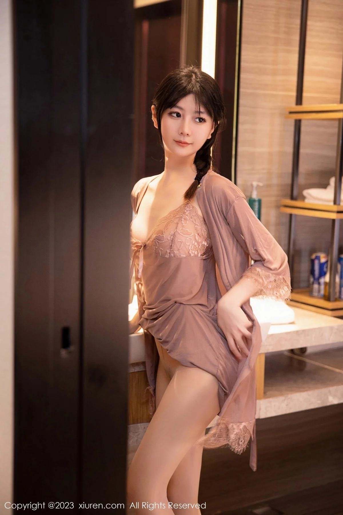 模特谢小蒽私房浴室红灰色轻透薄纱睡裙配超薄肉丝湿身诱惑写真79P-第1章-图片2