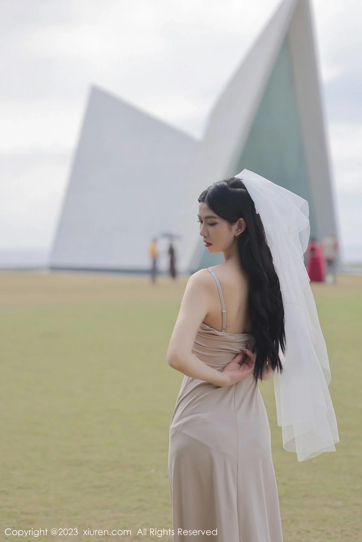 模特李雅柔182CM性感杏色吊带长裙露蕾丝内裤秀美腿诱惑写真55P-第1章-图片2