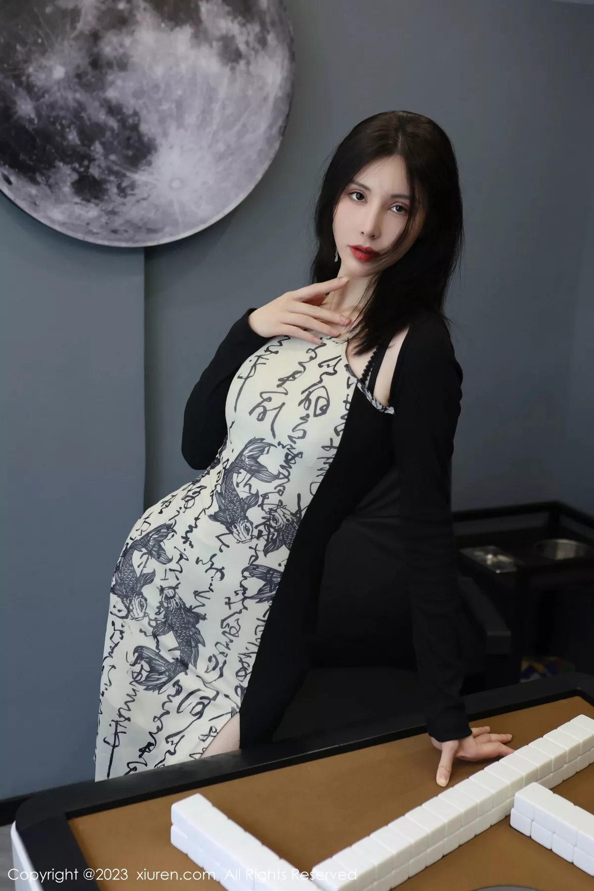 模特曼柔黑色中国风连衣裙露黑色蕾丝内衣配黑丝吊袜诱惑写真73P-第1章-图片2