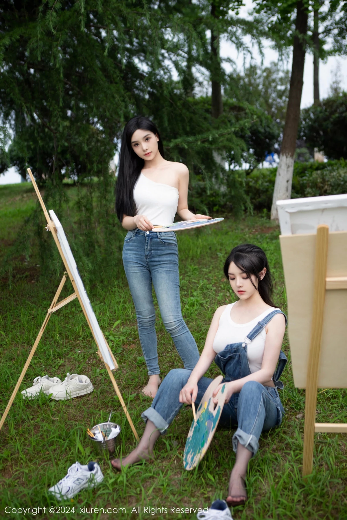 模特合集豆瓣酱户外性感白T配牛仔裤露超薄丝袜秀美腿诱惑写真73P-第1章-图片1