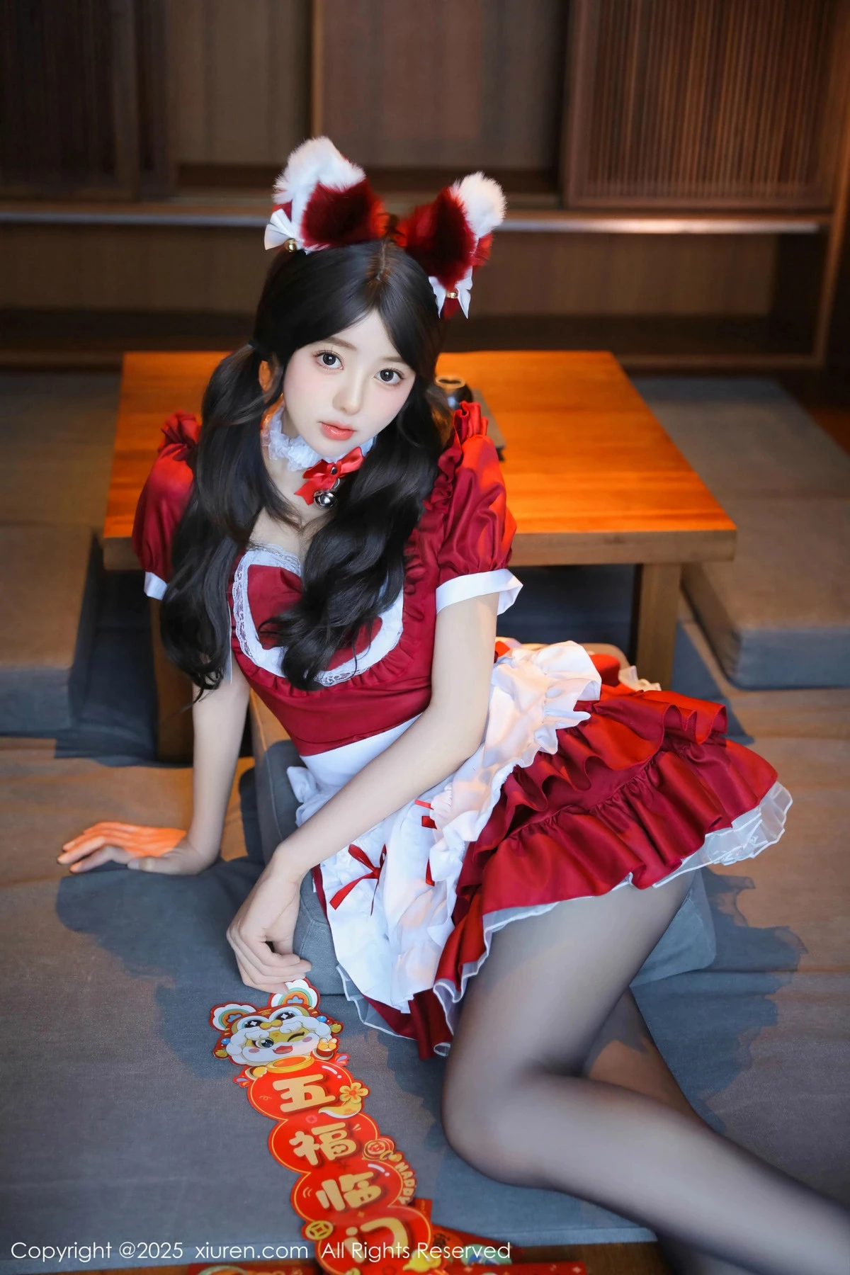 模特桃妖夭红色喜庆女仆服露红色内衣配超薄黑丝秀美腿诱惑写真87P-第7章-图片1